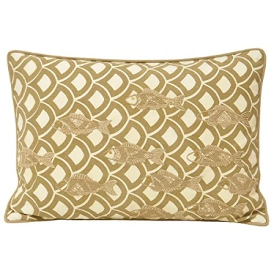Image of Paoletti Ionia Fish Embroidered 100% Cotton Piped Boudoir Cushion Cover, Driftwood, 35 x 50 Cm