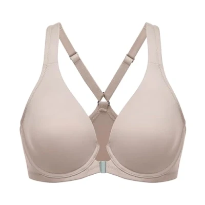 Image of Delimira Women&#039;s Front Fastening Bras Seamless Unlined Racer Back Plus Size Underwired Plunge Bra Sea Fog 38E