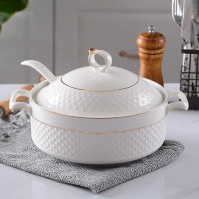 Image of NNYCC White Soup Tureen with Gold Design,Double Handle Serving Bowl Lid and Spoon Bone China Tableware,1.5L