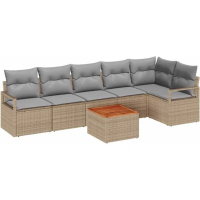 Image of vidaXL 7 Piece Garden Sofa Set with Cushions Beige Poly Rattan Acacia