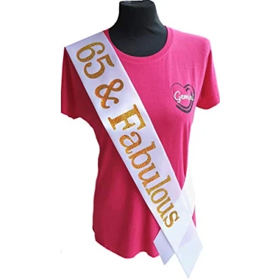 Image of Gemini Ribbons White 65 and Fabulous 65th Birthday Sash Holographic Party Womens Mens Gift