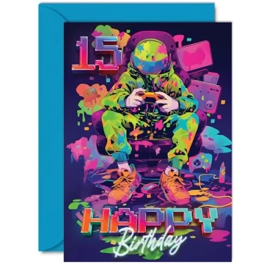 Image of 15th Birthday Cards for Girls Boys Video Gamer Game Happy 15 Card Son Daughter Nephew Niece Grandson, A5 Fifteen Fifteenth Bday Greeting
