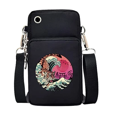 Image of FINDING CASE Japan Cat Printed Women Girls men Zipper Waterproof Nylon 3 Layers Crossbody Bags Wallet Cellphone Purse Shoulder Bag Wristlet Handbags Adjustable Strap (Japan Tiger Wave)