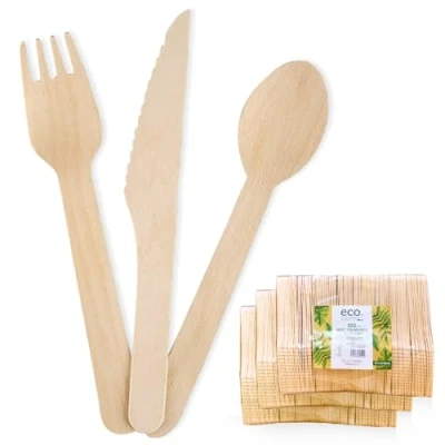Image of Clearly 300 Wooden Disposable Cutlery Set, Eco Friendly Biodegradable Compostable 16.5cm Forks Spoons Knives for Picnic, Party, Restaurant, Home Daily Use (100 + 100 Spoons)