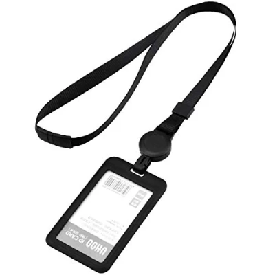 Image of Fodlon ID Card Holder Plastic with Lanyard Neck Strap Black Badge Retractable Heavy Duty and for Office School Business Trip Identity Pass Man Woman Student