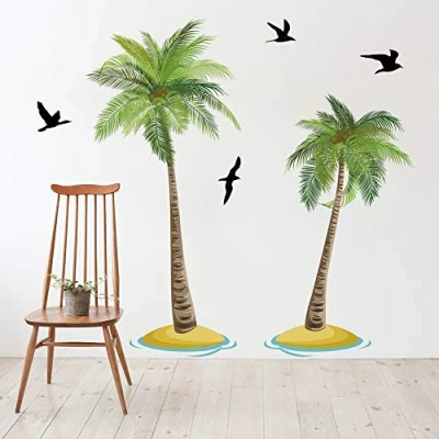 Image of Runtoo Palm Tree Wall Decals Tropical Art Stickers for Bedroom Living Room Home Décor