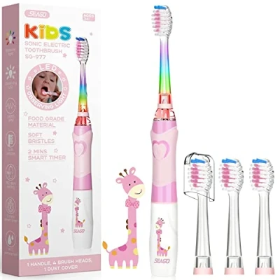 Image of Seago SG977 Kids Electric Toothbrushes Age 3+ Years Toddler Childrens Battery Toothbrush with Timer Colorful Flashing Light 4 Dupont Brush Heads for Childs Boys Girls Waterproof Deep Clean (Pink)