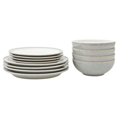 Image of Denby Elements Light Grey Dinner Set For 4 12 Piece Ceramic Tableware Dishwasher Microwave Safe Crockery x Plates, Medium Cereal Bowls