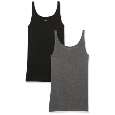 Image of Amazon Essentials Women&#039;s Slim Fit Thin Strap Tank Top, Pack of 2, Black/Charcoal Heather, S