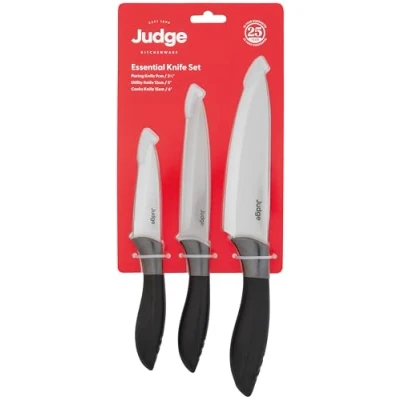 Image of Judge Essential 3 Piece Knife Set 9cm Paring Knife, 12cm Utility 15cm Cooks Dishwasher Safe, Ergonomic Handle