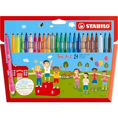 Image of Fibre Tip Pen with Triangular Grip Zone STABILO Trio A Z Pack of 24 Assorted Colours including 4 Neon