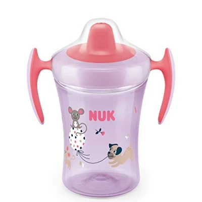 Image of NUK Easy Learning Trainer Cup Spill Proof Drinking Attachment 230 ml from 6 Months 230ml, Assorted Colours (Pink with Dog/Mouse &amp; Pink Koalas)