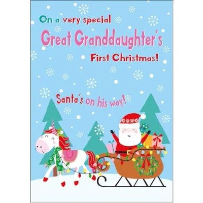 Image of doodlecards Great Granddaughters 1st First Christmas Card Magic Santas Sleigh with Unicorn Medium Size for Plain Envelope