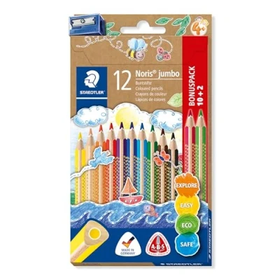 Image of STAEDTLER 128 NC12P1 Noris Jumbo Coloured Pencils in Assorted Colours, Pack of 10 + 2, with Sharpener