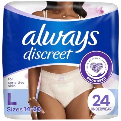 Image of Always Discreet Sensitive, Incontinence &amp; Postpartum Underwear for Women, Maximum Plus Protection, Large, 24 Count
