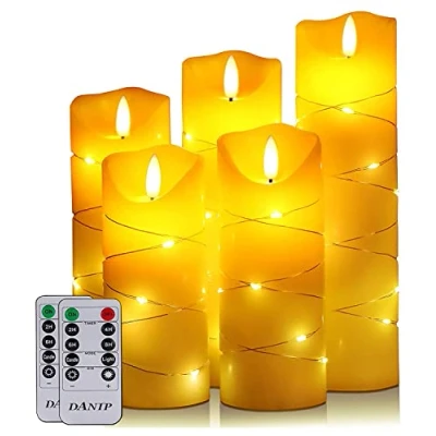 Image of DANIP LED Candle, with Embedded Fairy String Lights,5 Piece 10 Key Remote Control, 24 Hour Timer Function, Dancing Flame, Real Wax, Battery Powered. (Ivory White)