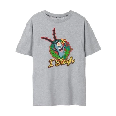 Image of SPONGEBOB SQUAREPANTS Womens T Shirt in Grey Marl Christmas Graphic Tee for Adults Plankton I Sleigh Short Sleeve Seasonal Lightweight Top Festive Holiday Fun Merchandise Gift Her