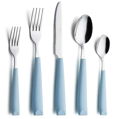 Image of ANNOVA Stainless Steel Flatware/Cutlery Set with Color Handles Dinner Forks, Salad Table Knives, Tablespoons, Teaspoons service for 4 (Light Blue)