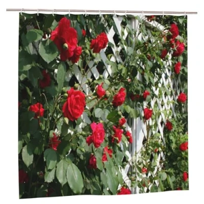 Image of YUAOEUR 3D Garden Shower Curtain 79x72 Inch Red Rose Flower And Green Leaf Picture Outdoor Trees Bathroom Personalized Decor Fabric with Hook