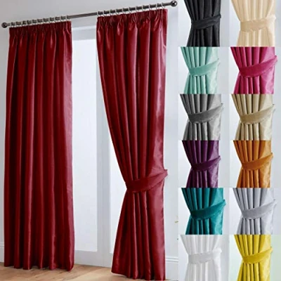 Image of John Aird Luxury Faux Silk Fully Lined Pencil Pleat Curtains With Matching Tie Backs (Red, 117cm Width x 183cm Drop (46&quot;x 72&quot;)