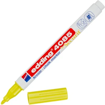 Image of edding 4085 chalk marker neon yellow 1 pen round nib 2 mm fine wet wipe for chalkboards, windows, glass, mirrors liquid pens opaque coverage