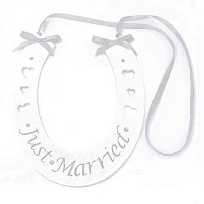 Image of Just Married White Wedding Handmade Lucky Horseshoe Hanging Wooden Accessory with Silver Decoration
