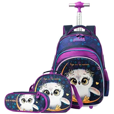 Image of HTgroce Kids Girls Backpack Trolley Bag Boys School Children&#039;s Cute Rolling with Wheels Rucksack Lunch Box Owl