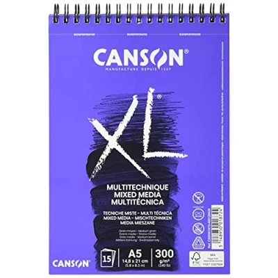 Image of CANSON XL Textured Mixed Media 300gsm A5 Paper, Medium Grain, Spiral Pad Short Side, 15 White Sheets, Ideal for Professional Artists &amp; Illustrators