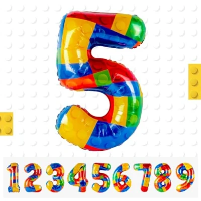 Image of Building Block Number Balloon,Number 5 Balloon Birthday Decorations,Colorful Helium for Party Decorations Lego Theme Boy Girl