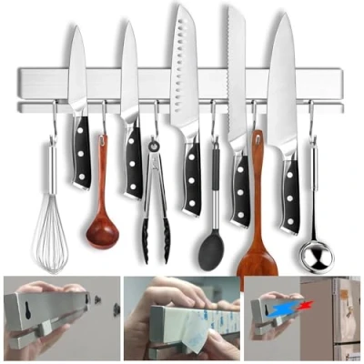 Image of 17 Inch Magnetic Knife Holder for Wall or Refrigerator Adhesive Strip Fridge 304 Stainless Steel Magnet Bar Rack Kitchen Utensils, Knives, and More 6 Hooks No Drill