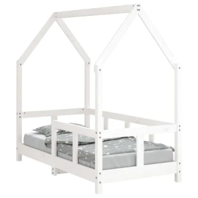 Image of vidaXL Kids Bed Frame in White Solid Pinewood and Plywood Construction, Toddler Size (70x140cm), Low Ground Design with an Attachable Curtain