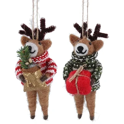 Image of Gisela Graham Christmas Felt Decoration Mixed Wool Deer In Jumper With Tree Parcel
