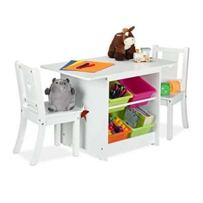 Image of Relaxdays Children&#039;s Furniture Set, Kids&#039; Table with 2 Chairs, Colourful Storage Boxes, HxWxD: 52x75x46 cm, White, Fibreboard