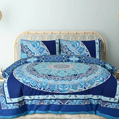 Image of Sleepdown Duvet Cover Set Blue Paisley Mandala Geometric Abstract Reversible Quilt Easy Care Bed Linen Soft Cosy Bedding Sets with Pillowcases King (220cm x 230cm)