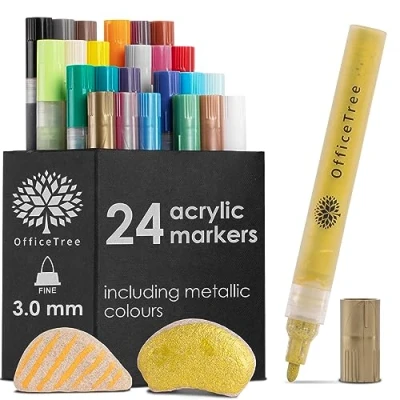 Image of OfficeTree 24 Acrylic Pens Paint Colours incl. 5 Metallic Rock Painting Waterproof for Kids, Hobby Artists and Professionals