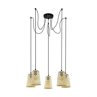 Image of EGLO Claverdon Pendant Light, 5 Bulb Lamp, Vintage, Natural, Boho, Hygge, Light Made of Steel, Wood in Black, Natural Colours, Dining Table Living Room Hanging with E27