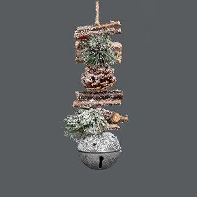 Image of 33cm Garland with Silver Jingle Bells Wooden Sticks, Berries and Pinecones Christmas Home Wall Door Hanger Sleigh Xmas Holiday Hanging Decorations
