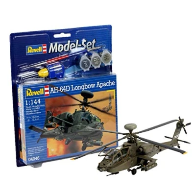 Image of Revell Model Set 64046 AH 64D Longbow Apache 1:144 Scale Unbuilt/Unpainted Plastic Kit with Contacta Professional Glue, Paintbrush &amp; Selected Aqua Color Paints