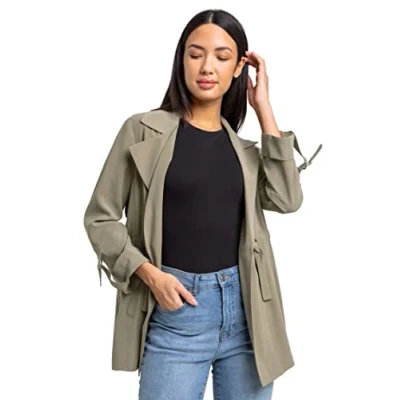 Image of Roman Womens Tie Waist Longline Jacket Khaki Size 10 UK