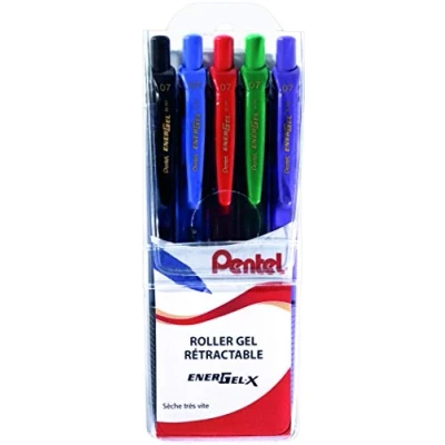 Image of Pentel EnergelX Retractable Gel Roller Pens, 0.7 mm Tip Pochette de 5 Noir/Bleu/Rouge/Vert/Violet