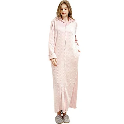 Image of Ladies Long Super Soft Fleece Bath Robe Hooded Warm Thick Dressing Gown Snuggle Winter Personalised Kimono Robes for Bride Bridesmaid Girlfriend Pink M