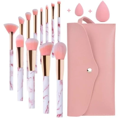 Image of Makeup Brushes Sets Start Makers Professional 12Pcs Pink Marble Brush Set with Foundation Concealer Blush Eyeshadow Beauty Blender and Make Up Bag