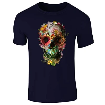 Image of Floral Skull Skeleton Flowers Mens T Shirt Navy Blue (M)