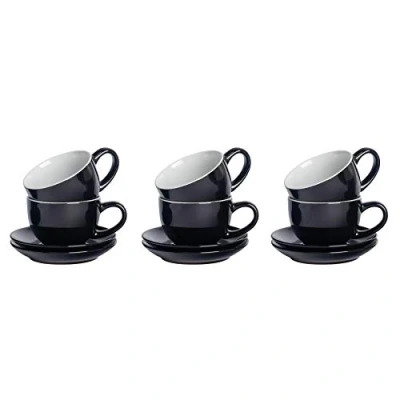 Image of 6x Black 250ml Cappuccino Cups &amp; Saucers By Argon Tableware