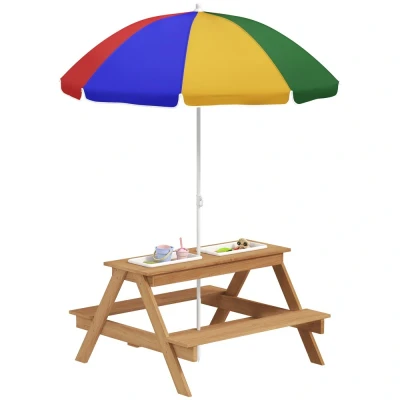 Image of AIYAPLAY Kids Picnic Table, Sand and Water Table with Wooden Benches, Adjustable Parasol Storage Bins, Outdoor Garden Furniture for Children 3 6 Years, Multicolour