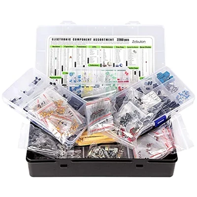 Image of 2200 pcs Electronic Component Assortment, Capacitors, Resistors, Transistors, Inductors, Diodes, Potentiometer, IC, LED, LDR, PCB etc.