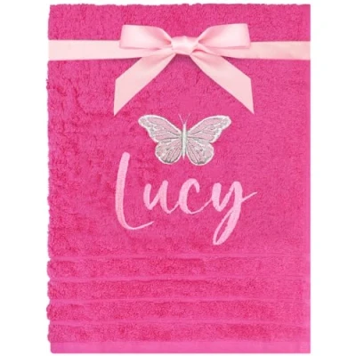 Image of TeddyT&#039;s Personalised Butterfly Embroidered Luxury Fuchsia Pink Hand Towel Gift
