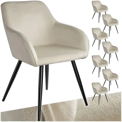 Image of TecTake® Set of 8 Dining Chairs in Velvet Look with Steel Legs, Thickly Padded Armchairs, Ergonomic Design &amp; Easy Assembly Ideal as Dining, Living Room, Bedroom Desk Cream/Black