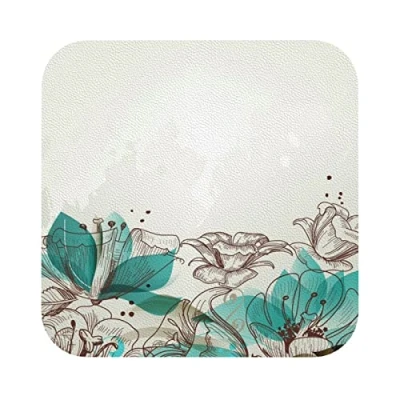 Image of Teal Floral printed PVC Coaster Set of 6, Table Drink Coffee Coasters Square 6 Pieces