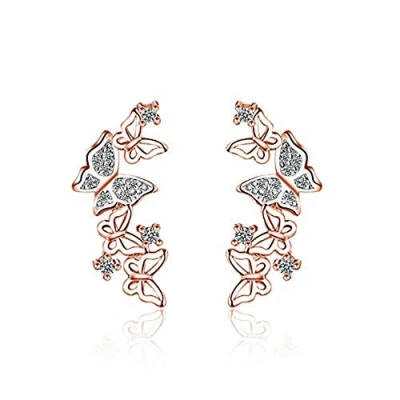 Image of Hollow Butterfly CZ Cuff Wrap Studs Earrings for Women Girls Pierced Ear Sterling Silver Plated Fashion Cubic Zirconia Cute Filigree Crawler Climber Hypoallergenic (Rose Gold)